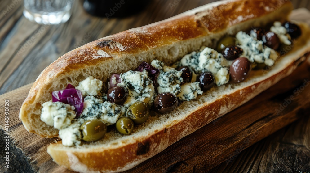 Ciabatta sandwich with olives and blue cheese served on rustic wooden board