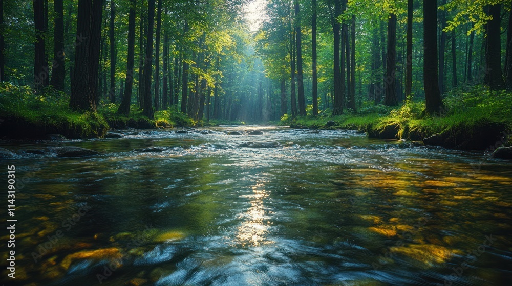 Obraz premium Sunlit stream flowing through a lush green forest.