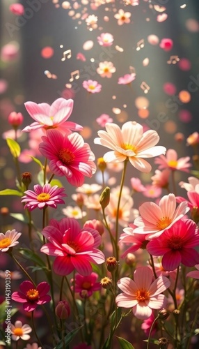 A magical image of a field of pink and yellow flowers with swirling music notes, evoking a sense of peace and tranquility.