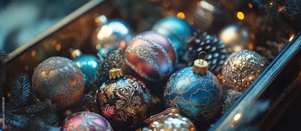 Beautifully decorated Christmas baubles in a festive box ready for the holiday season celebration and decoration scene. Beautifully decorated Christmas baubles in a festive box ready for the holiday season celebration and decoration scene.