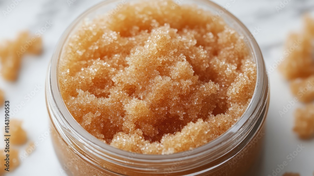 Cinnamon sugar body scrub in a clear jar with scattered granules on a marble background for spa and skincare promotion Cinnamon sugar body scrub in a clear jar with scattered granules on a marble background for spa and skincare promotion