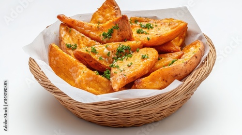 Cilembu roasted sweet potatoes in a decorative basket on a clean white background highlighting their crispy texture and golden color. photo