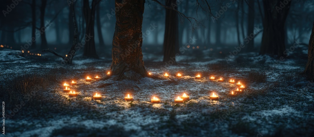 Candlelit circle in a dark winter woodland creating a mystical and serene atmosphere for relaxation and reflection Candlelit circle in a dark winter woodland creating a mystical and serene atmosphere for relaxation and reflection