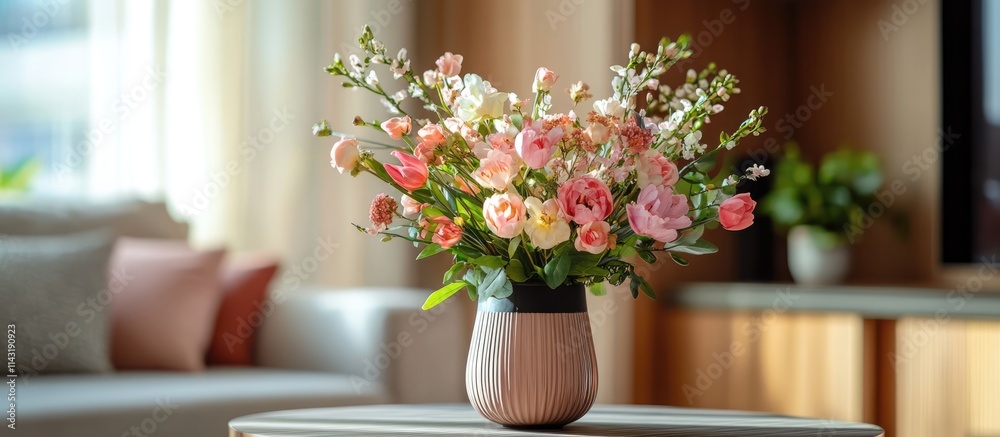 Fototapeta premium Elegant floral arrangement in a stylish vase creating a warm and inviting atmosphere in contemporary home décor