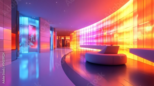 A luxurious futuristic hotel lobby with glowing walls and holographic concierge services.