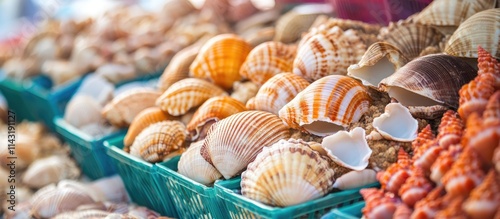 Colorful assortment of seashells in vibrant market setting ideal for beach-themed decor and unique souvenir collection photo