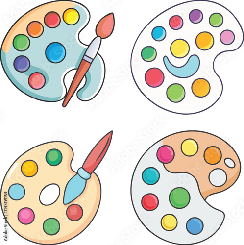 Watercolor painting tools with colorful palette brushes and paints vector illustration set isolated artist tool or school painting lesson tool