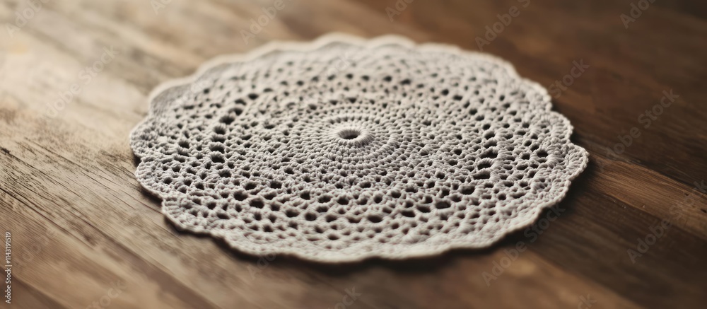 Gray crochet doily on a rustic wooden table ideal for home decor and elegant table settings in a cozy ambiance Gray crochet doily on a rustic wooden table ideal for home decor and elegant table settings in a cozy ambiance