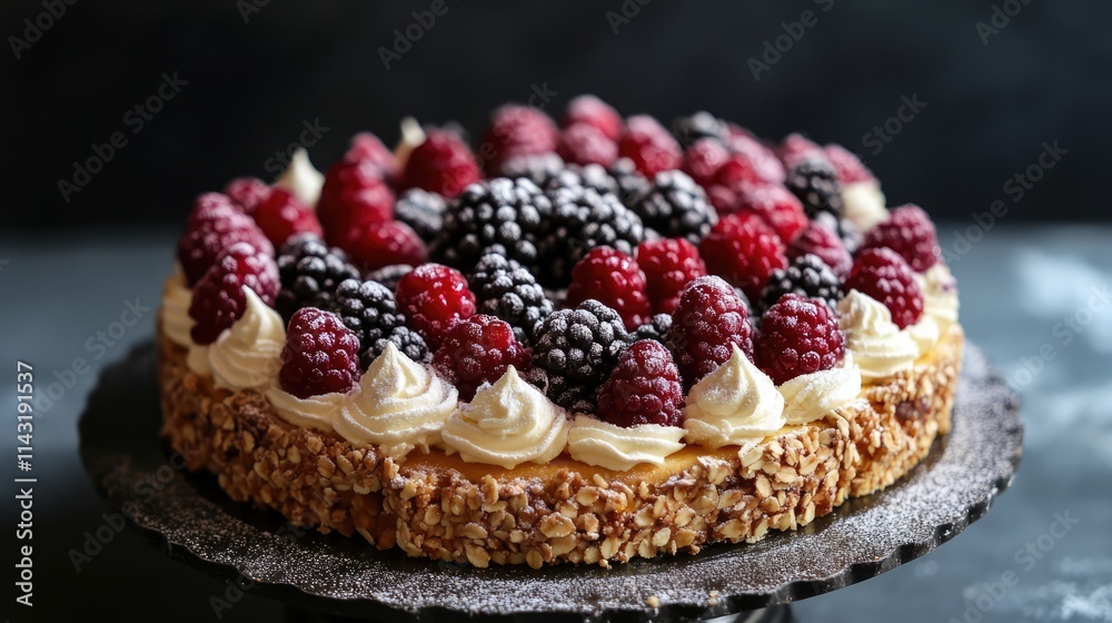 Decadent Berry Topped Cheesecake with Nut Crust and Creamy Frosting Delicately Presented on a Dark Rustic Surface Decadent Berry Topped Cheesecake with Nut Crust and Creamy Frosting Delicately Presented on a Dark Rustic Surface