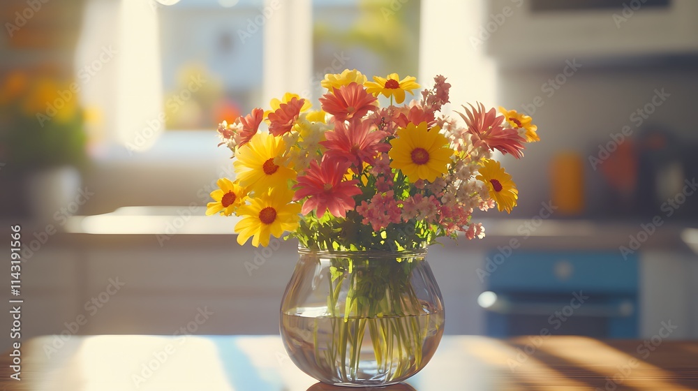Bright Colorful Flowers in Glass Vase on Table Bright Colorful Flowers in Glass Vase on Table