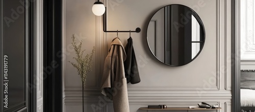 Elegant hallway interior showcasing modern design elements with a sleek mirror and coat rack for stylish decor inspiration photo