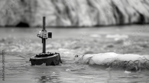 Close-up of a scientific sensor device mounted on ice, monitoring water levels in a cold and rugged landscape, ideal for environmental research. AI generated. photo