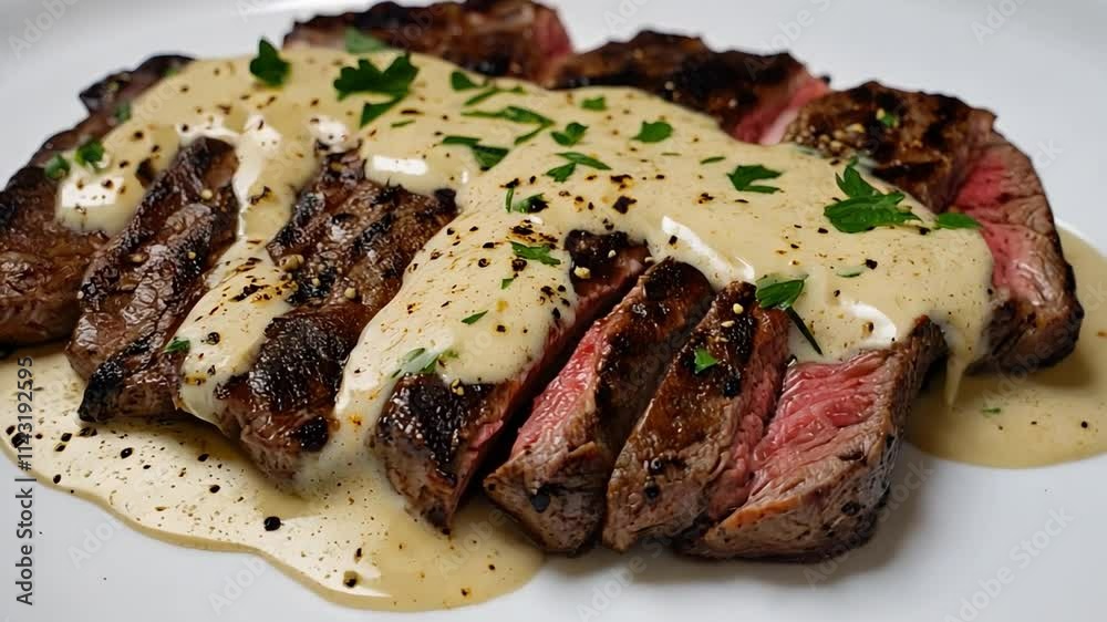Sizzling Steak with Creamy Sauce: A mouthwatering close-up of a perfectly seared steak, sliced and drizzled with a creamy sauce. The rich, savory flavors are practically leaping off the plate!