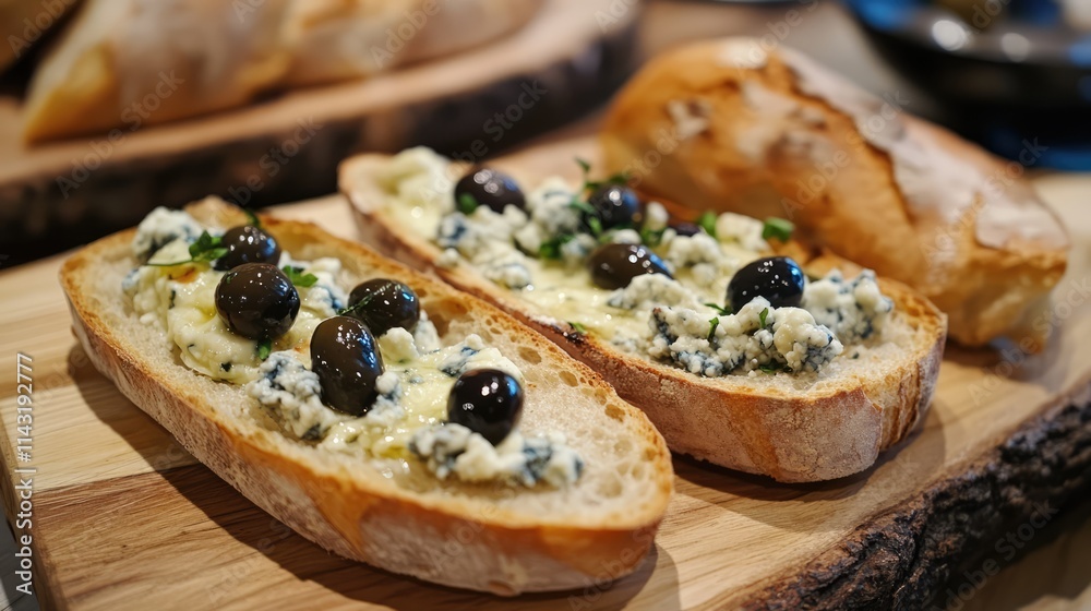 Ciabatta bread topped with olives and blue cheese served on a wooden board ideal for gourmet food presentations and culinary themes