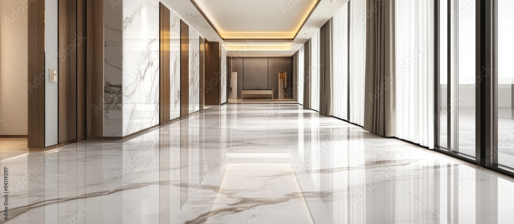Obraz premium Luxury minimalist apartment corridor featuring elegant marble flooring and expansive windows for a bright, spacious atmosphere