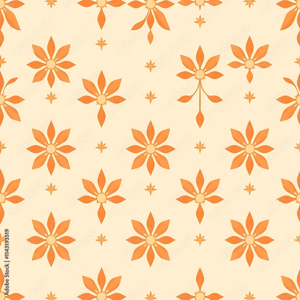 Orange Floral Seamless Pattern: A delightful pattern featuring delicate orange flowers and stars on a warm beige background. Orange Floral Seamless Pattern: A delightful pattern featuring delicate orange flowers and stars on a warm beige background.