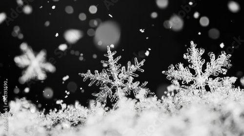 Blurry snowflakes falling gently on a dark background creating a serene winter atmosphere in monochrome tones. photo