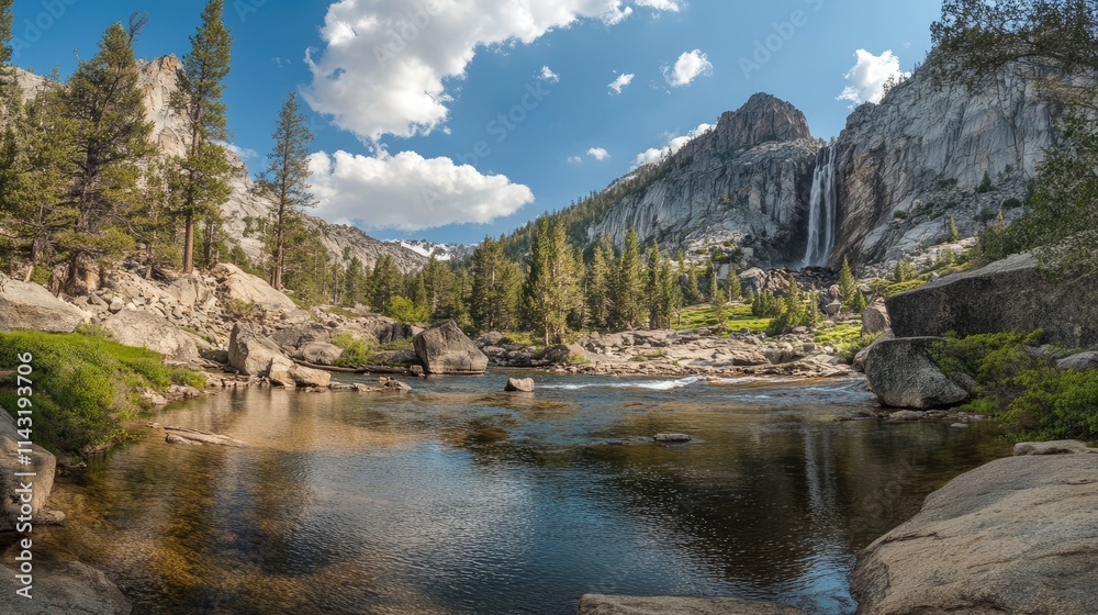 Fototapeta premium Mountain Waterfall Surrounded by Lush Forest and Blue Sky Reflection in Calm Stream at Scenic National Park Landscape