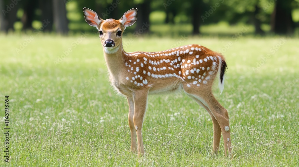 Fallow deer fawn gracefully standing in a lush green meadow under soft sunlight surrounded by nature's beauty Fallow deer fawn gracefully standing in a lush green meadow under soft sunlight surrounded by nature's beauty
