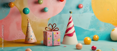 Celebratory display of colorful party hats and a vibrant gift box against an artistic backdrop of bold shapes and playful spheres photo