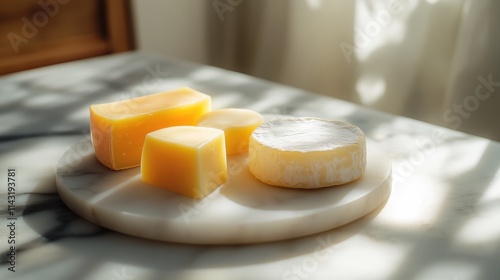 French cheeses elegantly arranged on a marble board illuminated by soft sunlight with rosemary accents for a gourmet dining experience