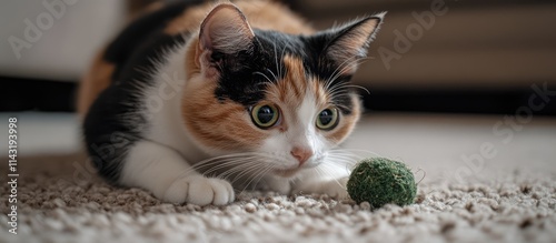 Closeup of a calico cat engaging playfully with a catnip toy on a soft carpet floor capturing the essence of feline curiosity and joy photo