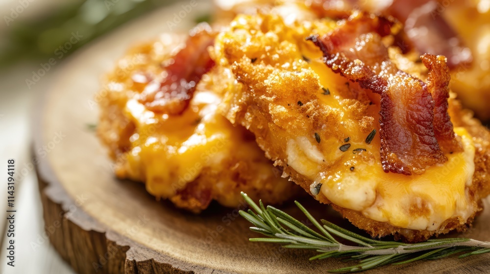 Crispy Bacon Topped Melted Cheddar Cheese Bites with Rosemary on Wooden Plate Close Up Culinary Delight on White Background Crispy Bacon Topped Melted Cheddar Cheese Bites with Rosemary on Wooden Plate Close Up Culinary Delight on White Background