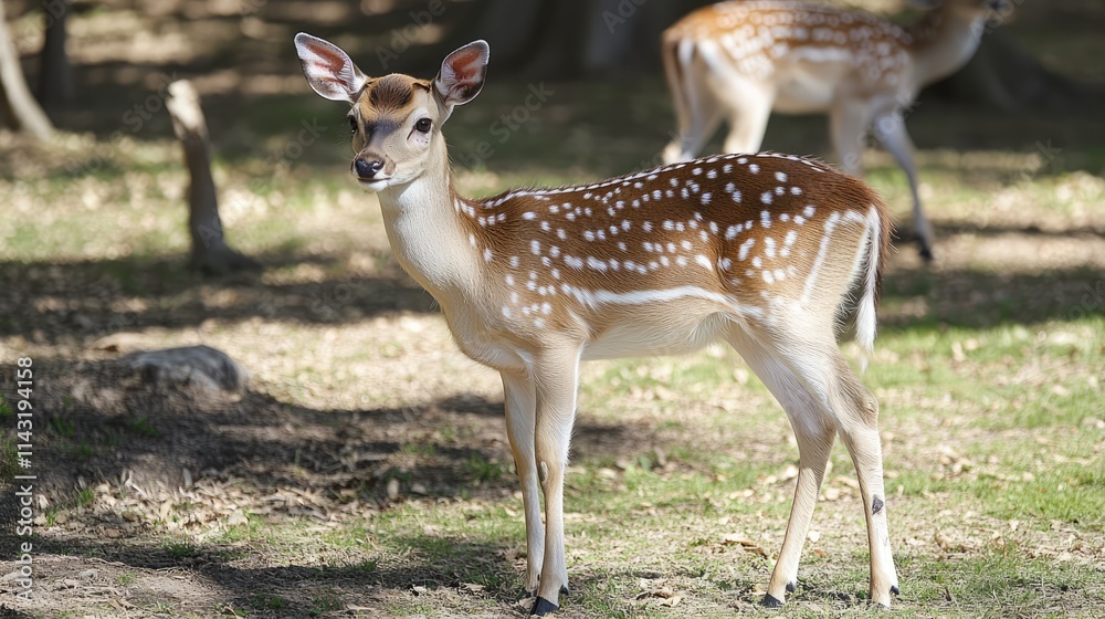 Fallow deer buck standing gracefully in a serene park setting showcasing its distinctive spotted coat and natural habitat. Fallow deer buck standing gracefully in a serene park setting showcasing its distinctive spotted coat and natural habitat.