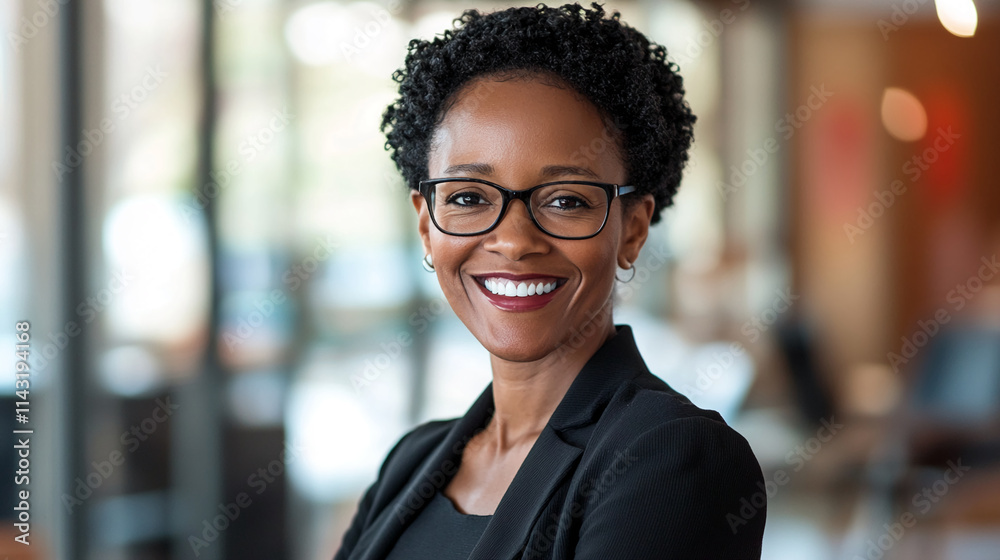 Confident businesswoman smiling and standing in modern office environment during daytime Confident businesswoman smiling and standing in modern office environment during daytime