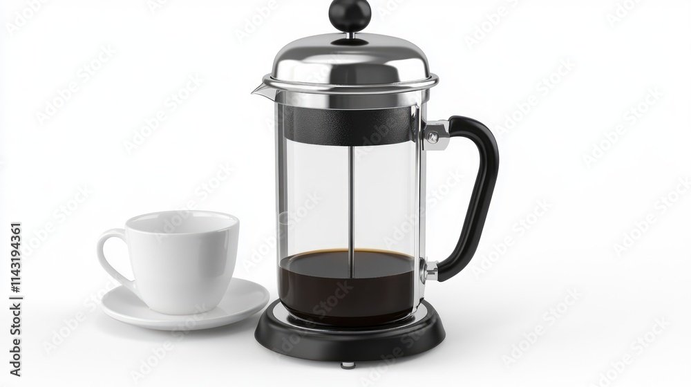 French press coffee maker with a black coffee pot and a white ceramic cup on a clean background French press coffee maker with a black coffee pot and a white ceramic cup on a clean background