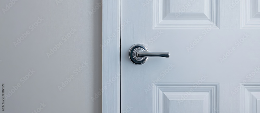 Elegant chrome door handle on a pristine white interior door showcasing modern design elements in home decor and architectural aesthetics. Elegant chrome door handle on a pristine white interior door showcasing modern design elements in home decor and architectural aesthetics.