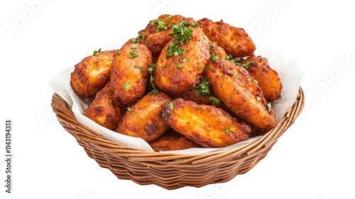 Cilembu roasted sweet potatoes in a woven basket garnished with herbs on a clean white backdrop for culinary presentations and advertisements photo