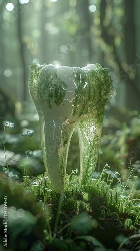 Enchanting moss covered mushroom thriving in the damp verdant understory of a dense ancient forest  The delicate fungal growth blends seamlessly with the surrounding foliage photo