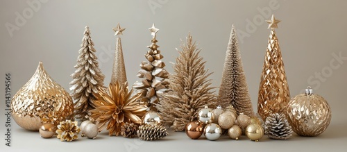 Holiday decoration accessories in gold and silver featuring festive trees ornaments and pinecones for elegant celebration themes