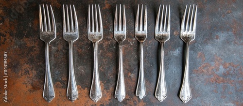 Aerial view of five antique forks arranged in a row creating an abstract pattern resembling stitching on a rustic surface photo