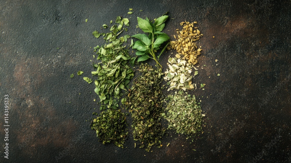 Fresh and dried herbs and spices arranged on a textured dark background showcasing culinary ingredients for flavorful dishes Fresh and dried herbs and spices arranged on a textured dark background showcasing culinary ingredients for flavorful dishes