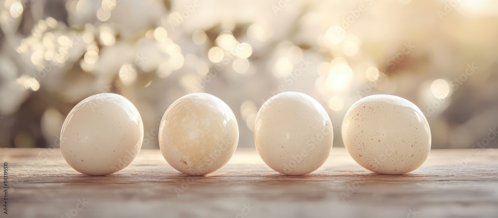 Four decorative Easter eggs arranged on a rustic wooden table with a soft blurred background creating a festive spring ambiance Four decorative Easter eggs arranged on a rustic wooden table with a soft blurred background creating a festive spring ambiance