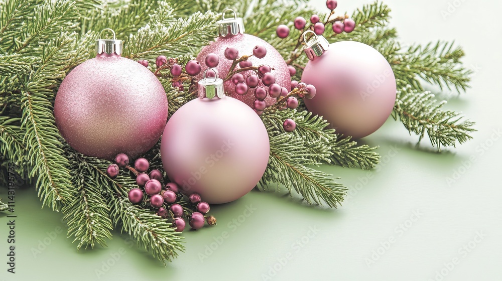 A holiday scene with evergreen foliage and colorful circular elements A holiday scene with evergreen foliage and colorful circular elements