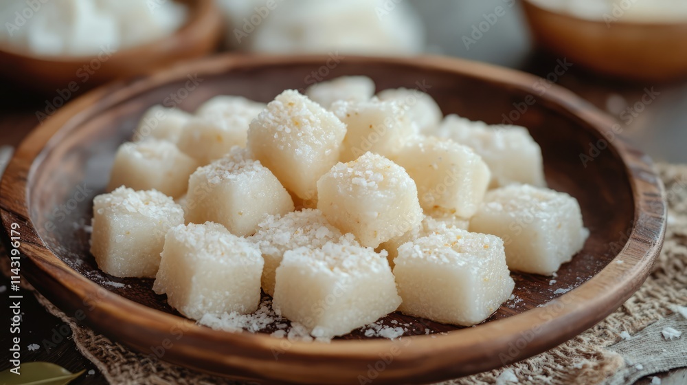 Cilok a traditional Indonesian snack made from tapioca served on a wooden plate with grated coconut closeup photography Cilok a traditional Indonesian snack made from tapioca served on a wooden plate with grated coconut closeup photography