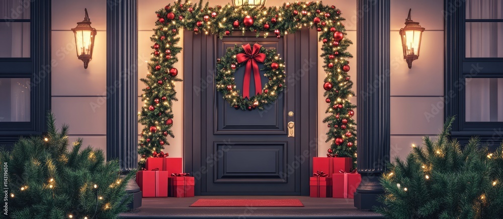 Elegant holiday entrance decorated with fir garlands and red accents creating a warm festive atmosphere for seasonal celebrations