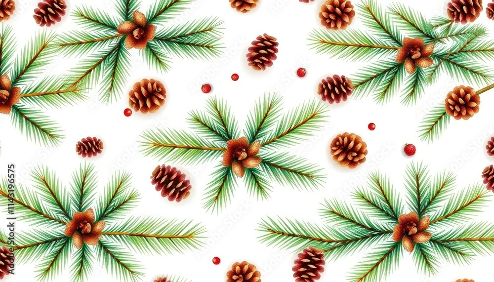 Fototapeta premium Seamless pattern featuring pine branches adorned with pine cones, red berries. Stylish design suitable for holiday winter-themed decor. Illustration displays artistic blend of evergreen plants,