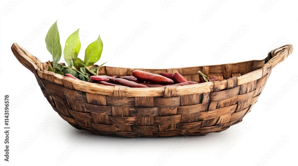 Freshly harvested French beans in a rustic wooden basket showcasing organic produce and natural textures against a white background Freshly harvested French beans in a rustic wooden basket showcasing organic produce and natural textures against a white background