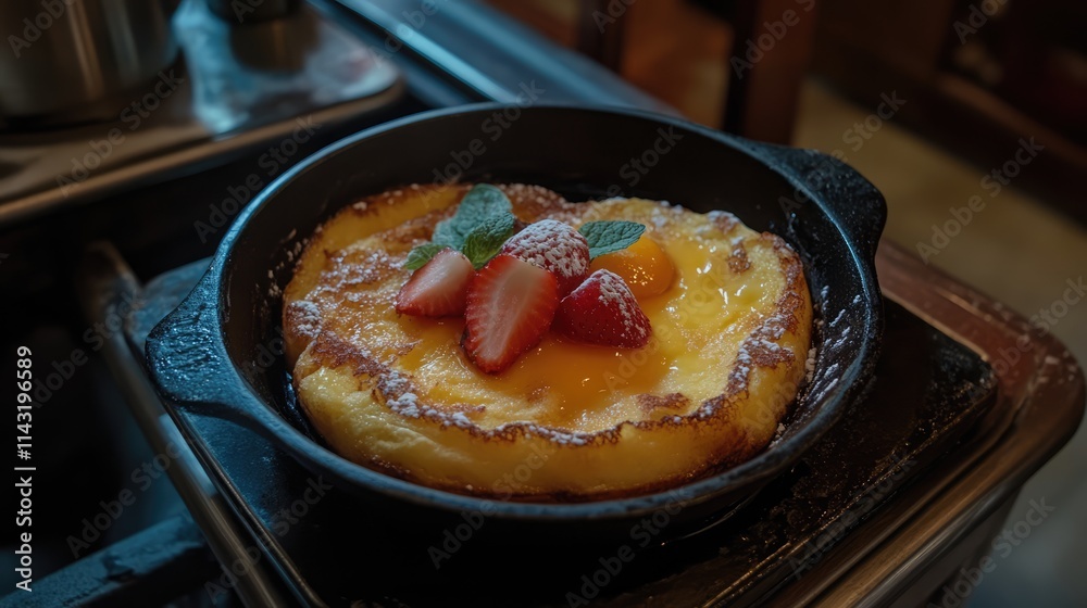 Delicious French toast topped with fresh fruit and powdered sugar served in a skillet perfect for brunch or breakfast indulgence. Delicious French toast topped with fresh fruit and powdered sugar served in a skillet perfect for brunch or breakfast indulgence.