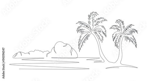 Seascape drawing with one single continuous line. landscape. Tropical oasis with mountains and beach. Sea lagoon with palm tree with one line. Sunset on beach. Linear illustration on white background.