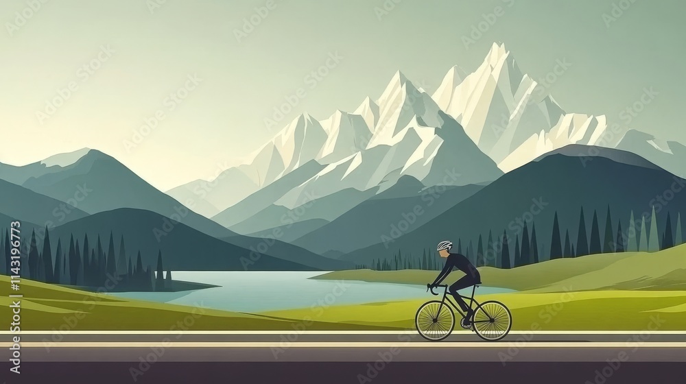 Fototapeta premium Cyclist riding across a mountain landscape, where a lake and distant snowy peaks are framed by cloudless skies.