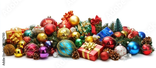 Christmas ornaments and colorful gift boxes beautifully arranged for a joyful festive holiday celebration scene