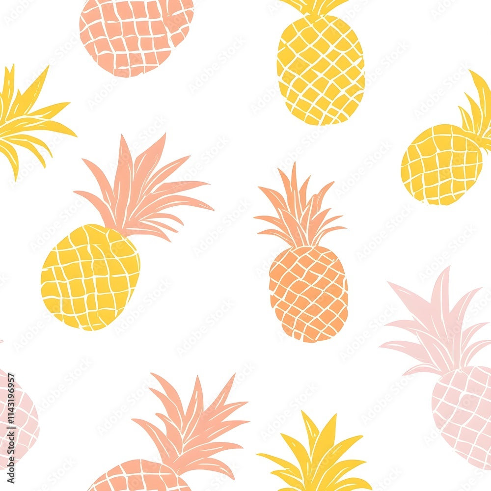 Seamless pattern of pastel pink, yellow, and orange pineapples with tropical leaves on a white background Seamless pattern of pastel pink, yellow, and orange pineapples with tropical leaves on a white background