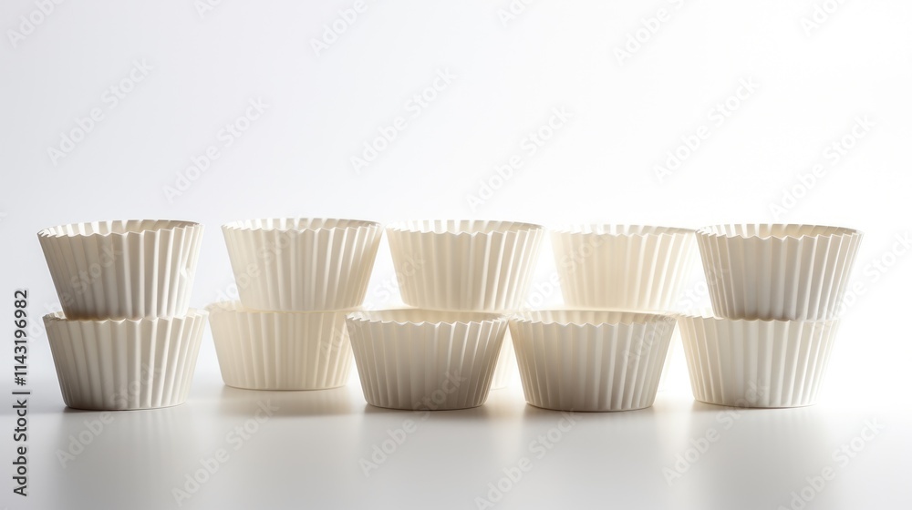 Stack of empty baking cups arranged neatly on a white background for culinary and baking themed compositions or advertisements. Stack of empty baking cups arranged neatly on a white background for culinary and baking themed compositions or advertisements.