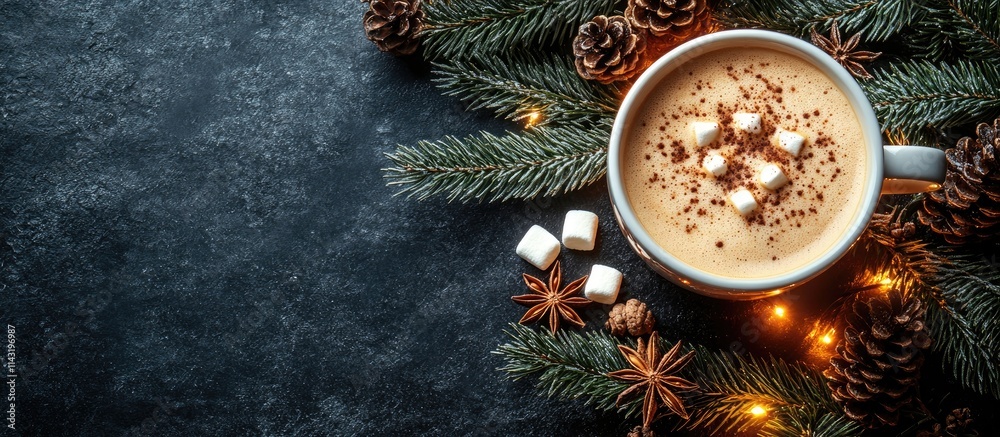 Winter flat lay with festive decorations, coffee with marshmallows, and natural elements on a dark background creating a cozy ambiance. Winter flat lay with festive decorations, coffee with marshmallows, and natural elements on a dark background creating a cozy ambiance.