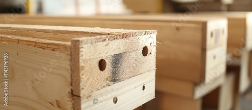 Close up of timber wall studs showcasing exposed wood framing in a construction setting ideal for architectural design and building projects photo